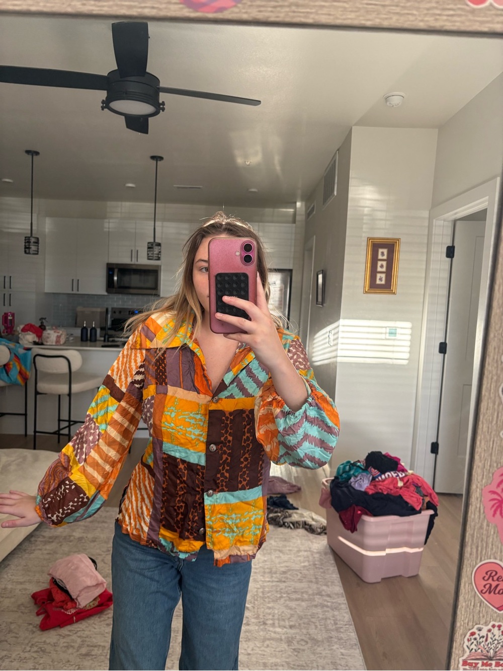 Byer California Patchwork Button-Up Jacket in Orange, Brown, Teal